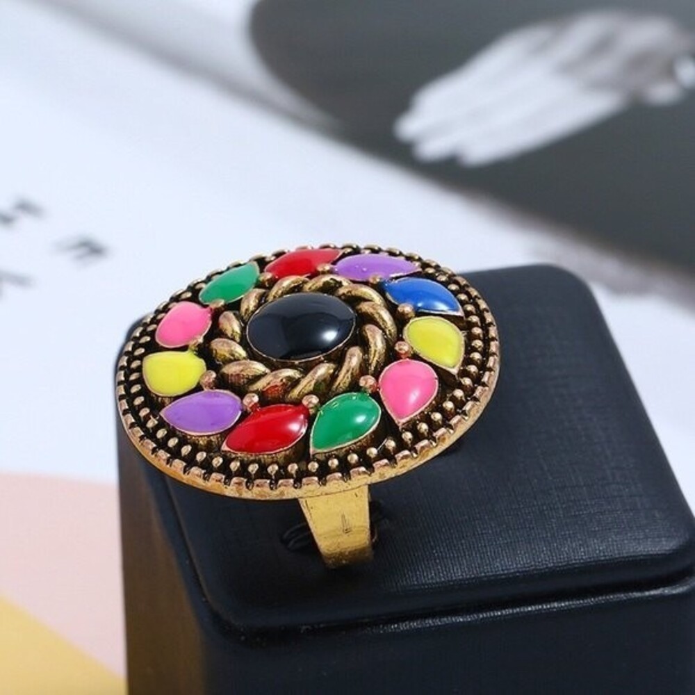 New Bohemian Adjustable Ring Unique Big Round Multi color Enamel